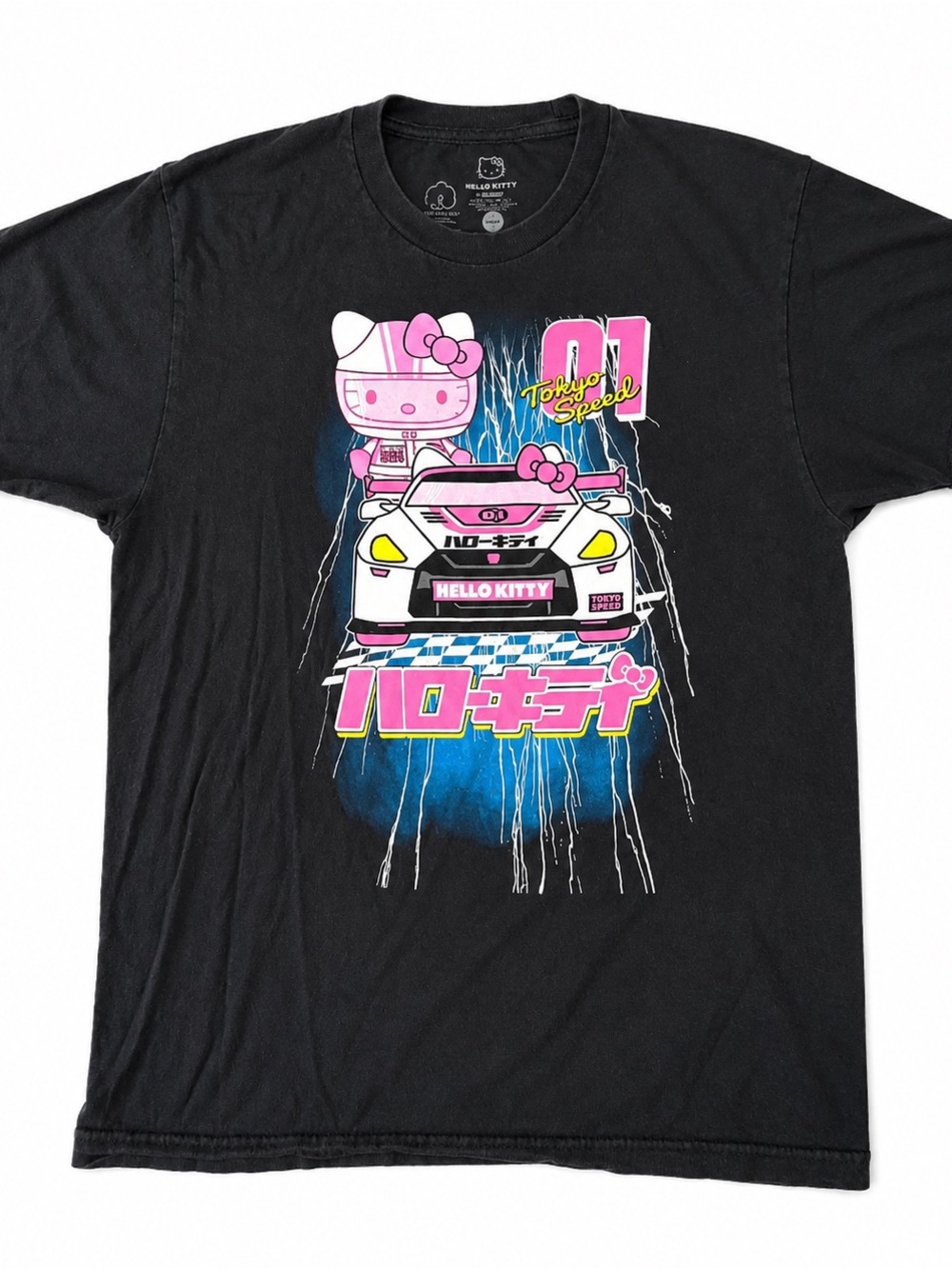 Hello Kitty Black Tee with Pink Racing Graphic